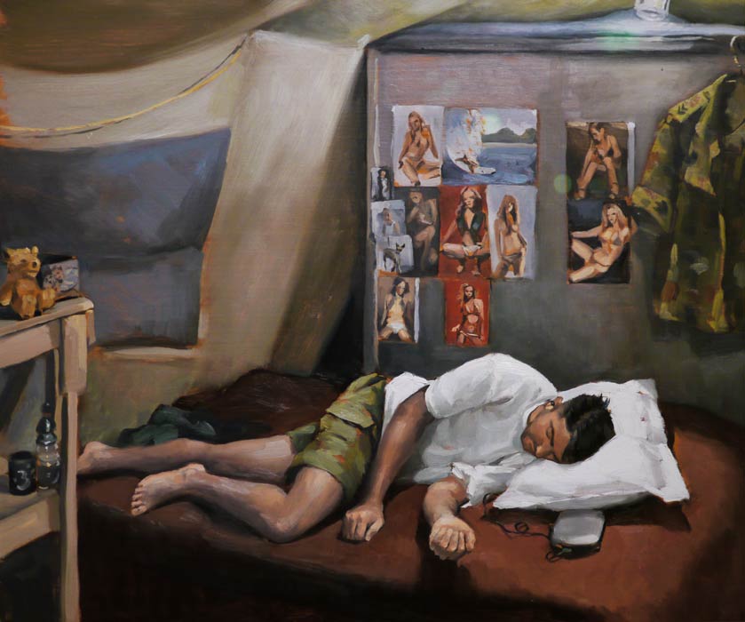 P1050998.jpg - "Macka" sleeping in his tent. Diego Garcia. Painted by Peter Churcher in 2002.
