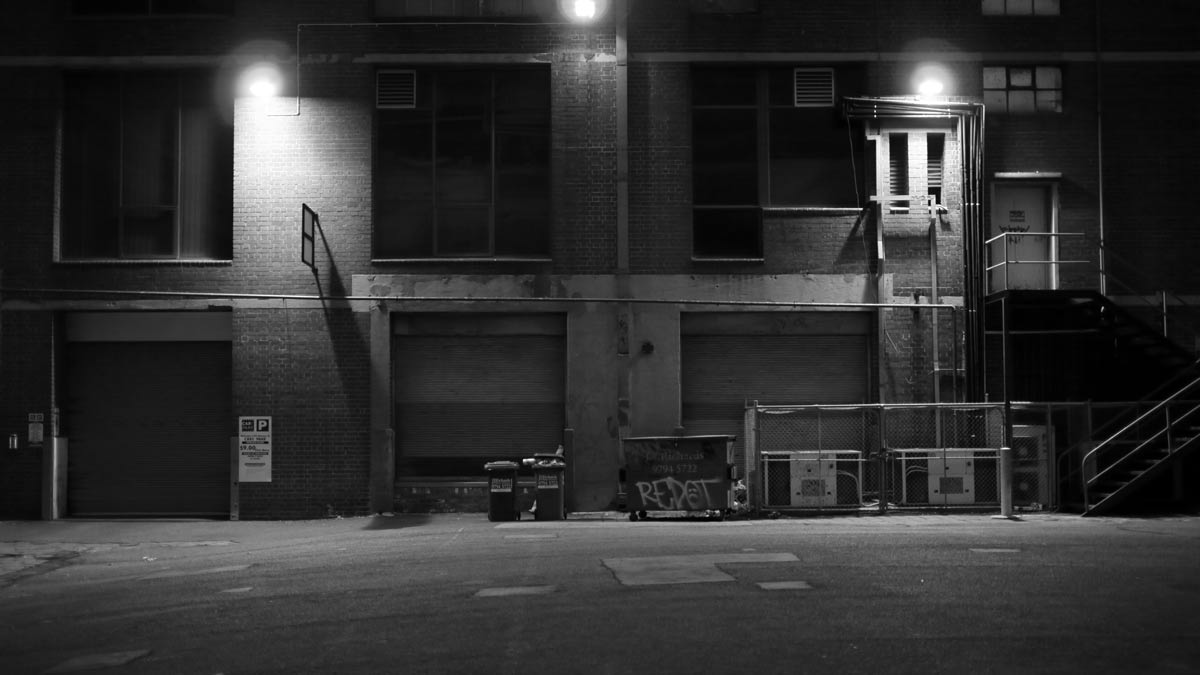 P1010828.jpg - 25mm f/1.4 ISO 800.1/125th sec at dusk. No PS ex cept converted to monochrome. 16:9 aspect ratio.