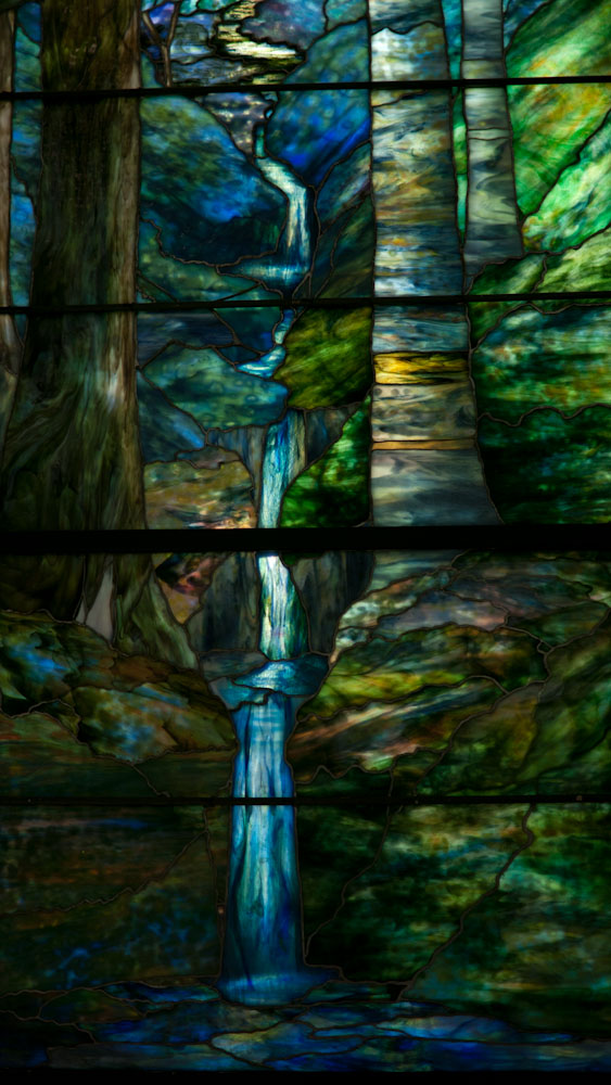 P1150359-1.JPG - Dawn in the woods. Leadlight detail by Louis Comfort Tiffany. 1905